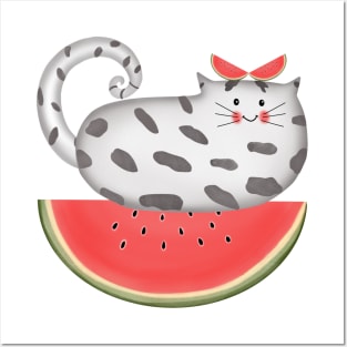 Cute little cat on watermelon Posters and Art